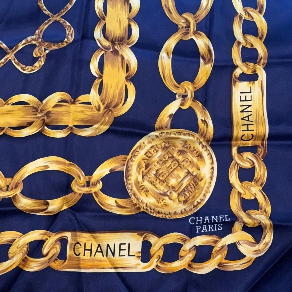 Chanel CC Gold Chain Medallion Silk Square Scarf Navy Blue